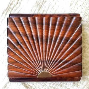 Vintage Wood Rising Sun Purse jewelry Box Art Deco Hidden Hinge Clutch Handbag